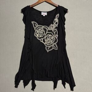 BARASCHI‎ Black Rose Embellished Tunic Top Assymetrical XS y2k romantic look